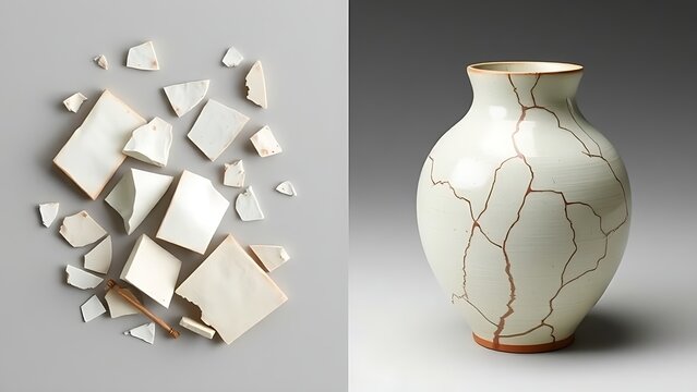Split image showing broken ceramic fragments and kintsugi-repaired vessel.