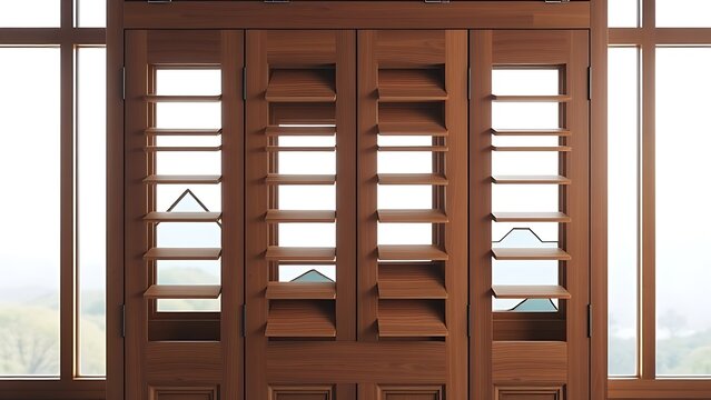 Wooden door with geometric window louvers revealing blurred landscapes, natural light.
