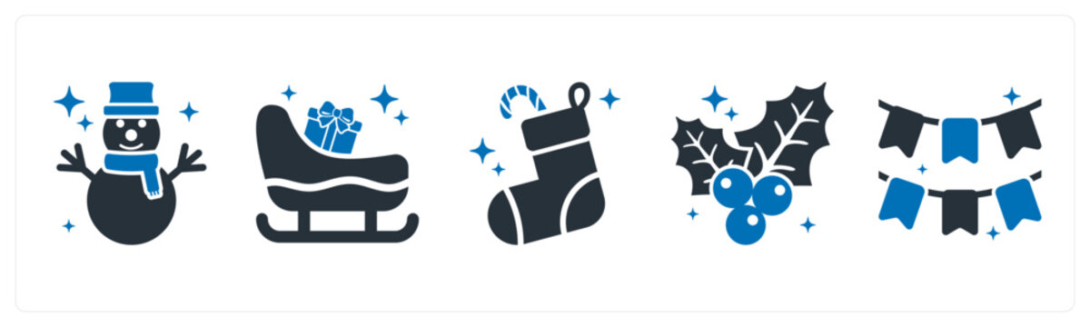 A set of 5 mix icons as snowman, sleigh, christmas socks
