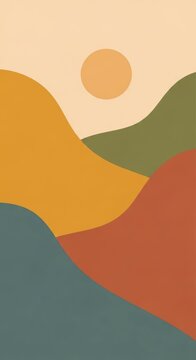 Abstract landscape with colorful hills and round sun in warm pastel tones