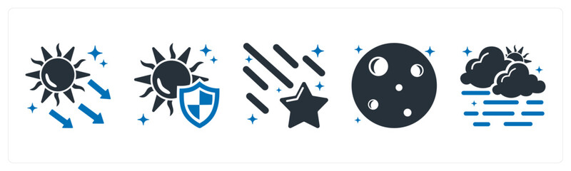 A set of 5 mix icons as uv, uv protection, shooting star © popcornarts
