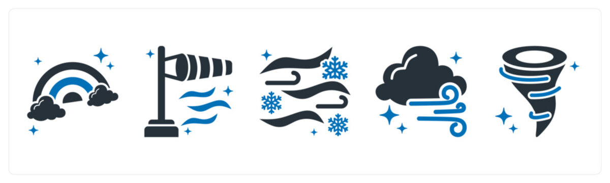 A set of 5 mix icons as rainbow, wind direction, blizzard