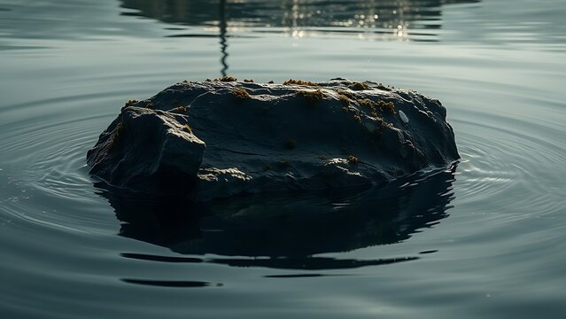 A barnacle-encrusted stone sinking into the dim depths of a lake with light rays.