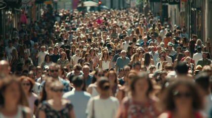Obraz premium Vast crowd of diverse people walking down a busy city street on a sunny day