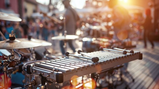 Outdoor Street Performance with Percussion Instruments and Lively Crowd in Warm Sunlight