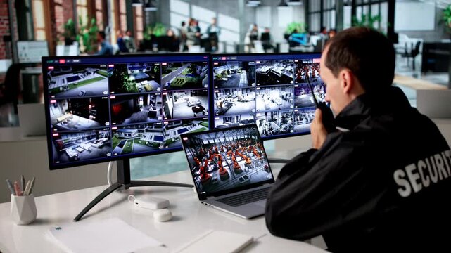 Security Guard Monitors Multiple CCTV Cameras