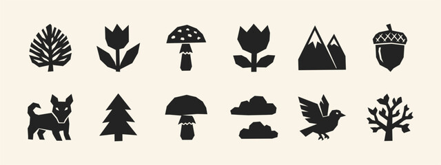 Minimalist Geometric Nature Icon Set with Animal Flower Tree and Mountain Silhouettes © thetwelvesense