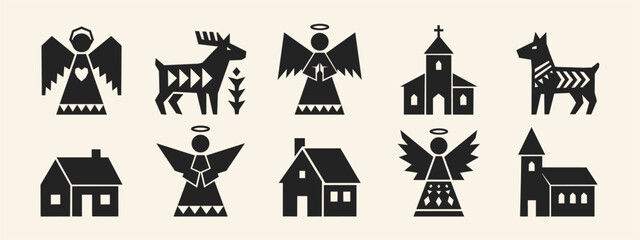 Black geometric folk art icons set featuring angels reindeer houses and churches in minimalist style © thetwelvesense