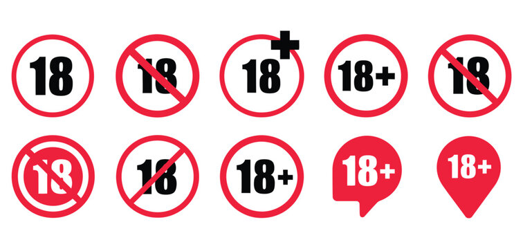 Set of Red 18 Plus Vector Icons on White Background Featuring Under Eighteen Age Restriction Labels and Forbidden Signs Illustration Collection Design