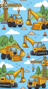 Cartoon Construction Site Scene with Excavator Crane Bulldozers and Cones