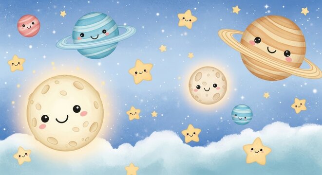 Playful Cartoon Space Scene with Smiling Planets and Stars in Cloudy Sky