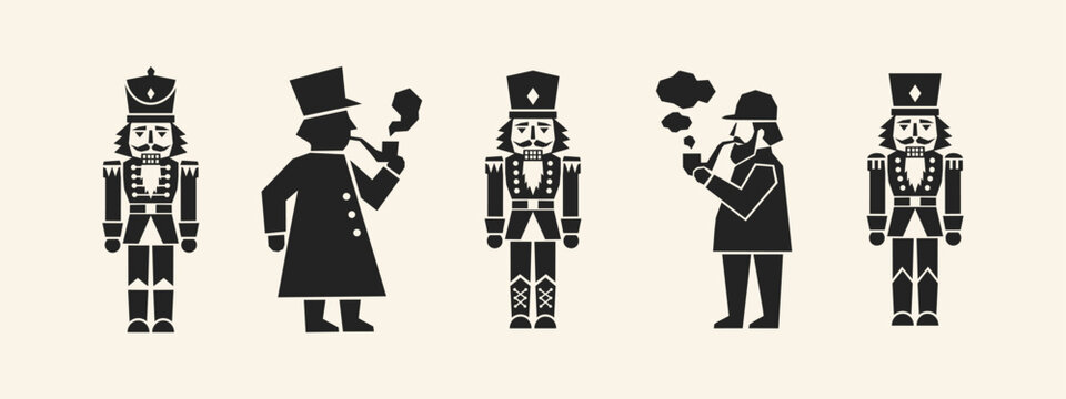 Black silhouette nutcracker soldiers and men smoking pipes icon set for Christmas