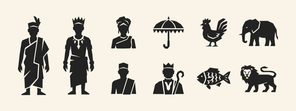 Black African tribal icons set with king warriors elephant lion and traditional symbols