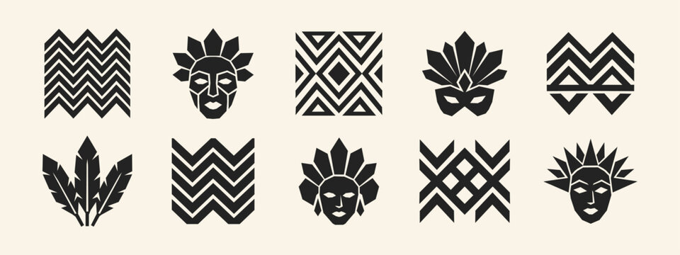 Collection of Black Geometric Tribal Masks Feathers and Ethnic Zigzag Pattern Icons