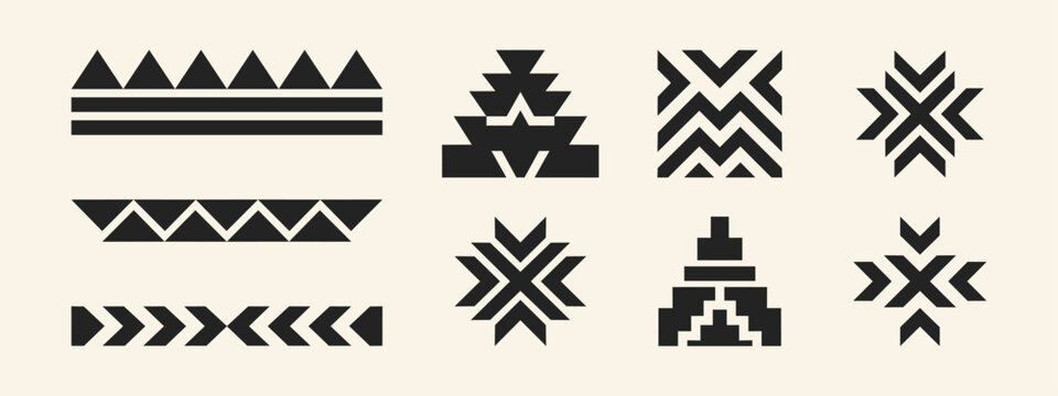 Ethnic tribal geometric patterns collection with borders and icons on neutral background