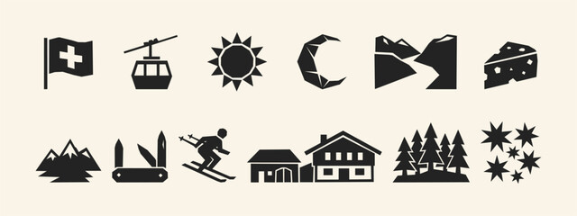 Set of minimalist black Swiss and alpine icons featuring mountains cheese skier and chalet © thetwelvesense