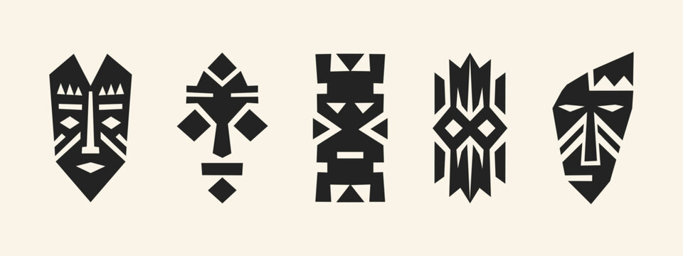 Set of five black geometric tribal masks in minimalist vector style on neutral background