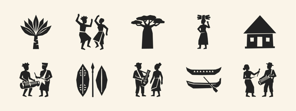 African heritage silhouette icons featuring tribal dancers baobab tree hut and musical instruments