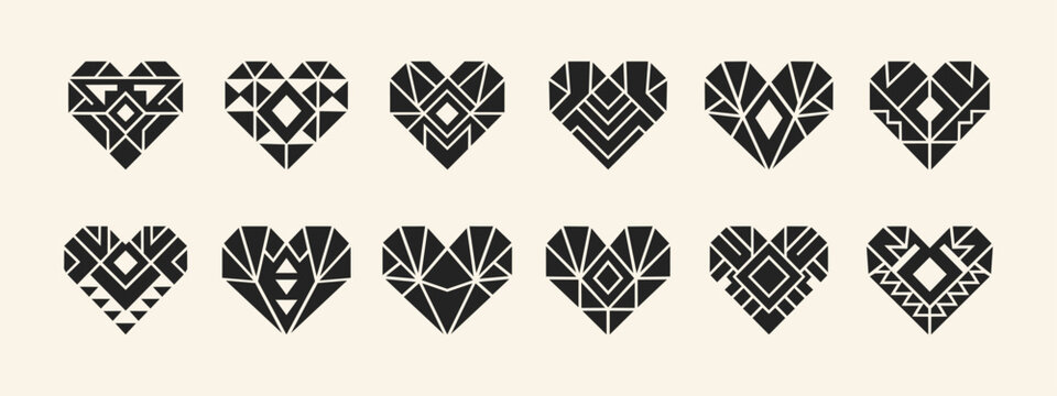 Set of twelve geometric heart icons with abstract tribal and folk patterns for logo design