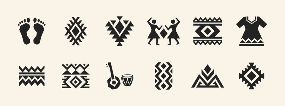 Set of ethnic tribal geometric symbols featuring folk patterns musical instruments and human figures