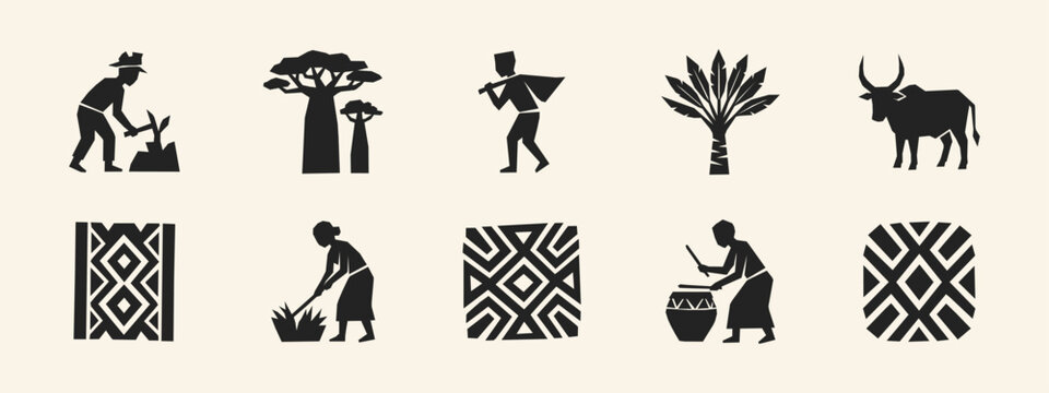 Set of African culture icons featuring farmers baobab trees livestock and geometric tribal patterns