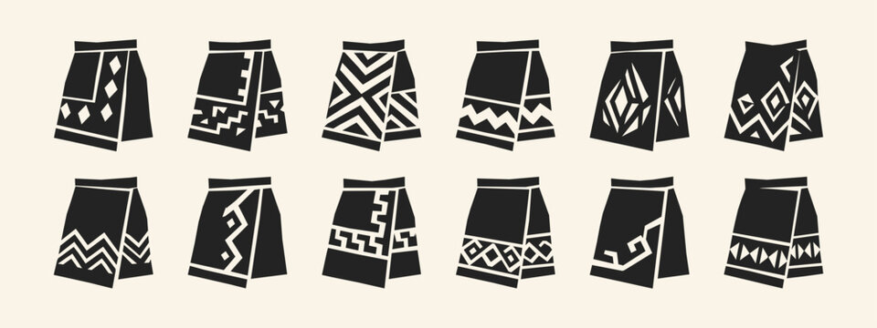 Set of traditional wrap skirt icons with tribal geometric patterns and ethnic motifs