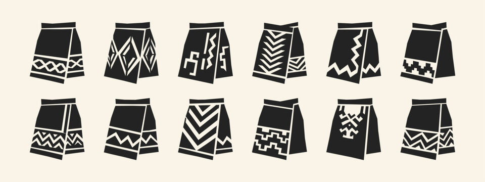 Set of ethnic skirt icons with geometric tribal patterns in black silhouette flat design