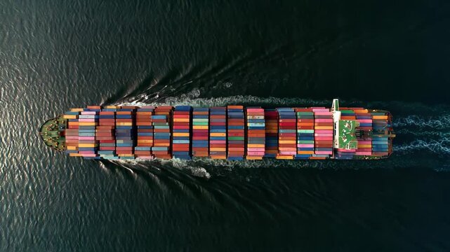 Container ship navigating vast open waters, transporting goods and materials across the globe, symbolizing international commerce, marine logistics, and worldwide freight distribution