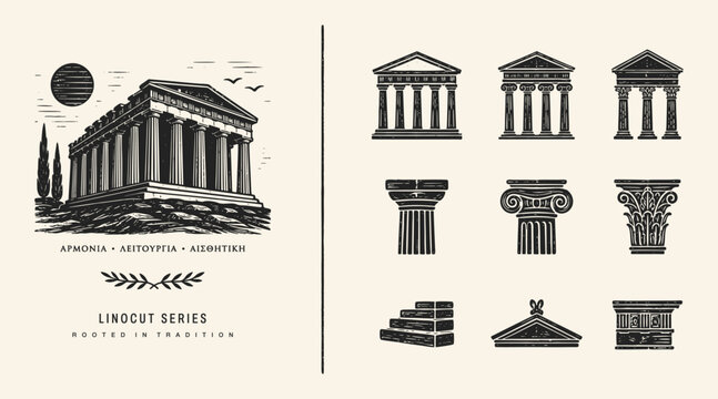 Ancient Greek Architecture Linocut Illustration Set with Temple Columns and Capitals