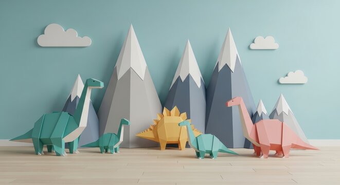 Colorful Paper Dinosaur and Mountain Scene with Clouds in a Toy Display
