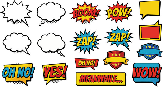 Comic Pop Art Speech Bubbles and Action Words Vector Set
