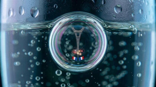 Bastille Day champagne bubble reflecting a tiny standing Eiffel Tower inside