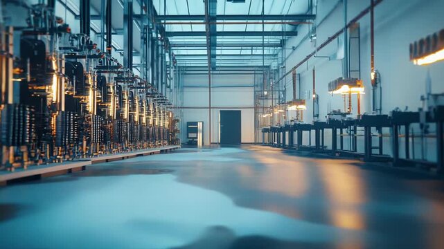 Factory floor with rows of automated machinery and glowing internal components on reflective surfaces, evoking advanced industrial manufacturing, robotics, and smart automation