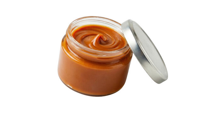 Caramel Sauce in Jar: A small glass jar filled with smooth, glossy caramel sauce, its lid slightly ajar, inviting a taste of sweet indulgence.