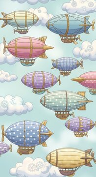 Colorful Illustration of Vintage Hot Air Balloons Flying Among Clouds in Sky