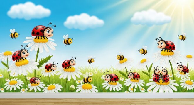 Cheerful cartoon ladybugs and bees gathering in a sunny meadow with daisies and grass