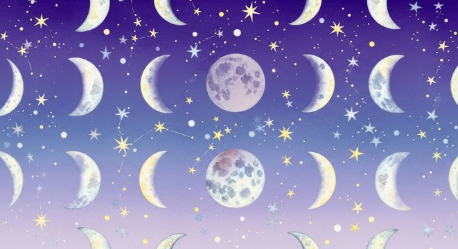Night Sky with Crescent Moons, Full Moon, Starry Sky, and Glittering Stars Background Cell Pattern