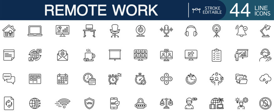 Remote work and home office line icon set. Collection of online meeting, video call, productivity, and cloud security vectors for business.
