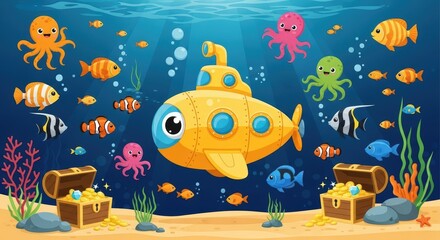 Naklejka premium Colorful cartoon underwater scene with cheerful submarine and various sea creatures