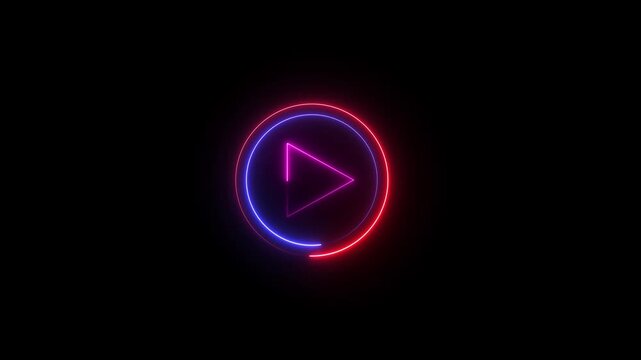 Neon blue color play button icon animation glowing audio video start stop player button icon with black background