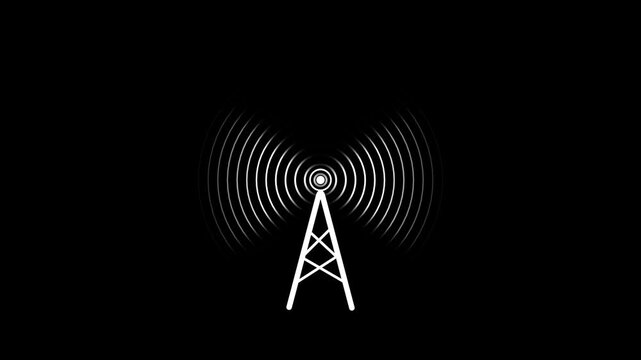 Radio station signal tower icon 4k animation. Digital Radio wave circle background.
