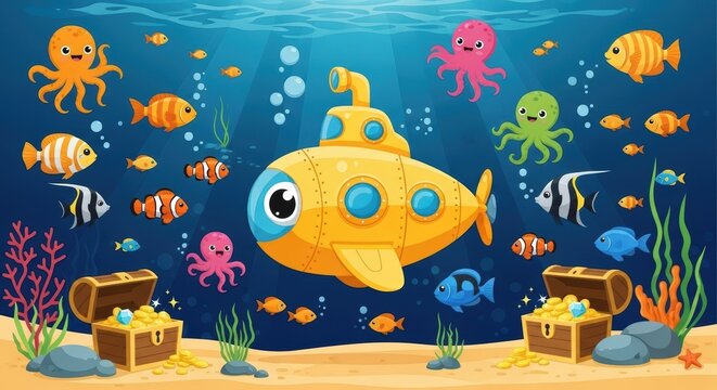 Colorful cartoon underwater scene with cheerful submarine and various sea creatures