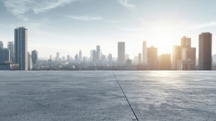Naklejka premium Empty concrete platform overlooking a hazy cityscape with modern skyscrapers at sunrise
