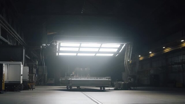 Large empty industrial hangar featuring a bright overhead lighting rig illuminating a production line, highlighting manufacturing technology and automated processes in a modern factory setting