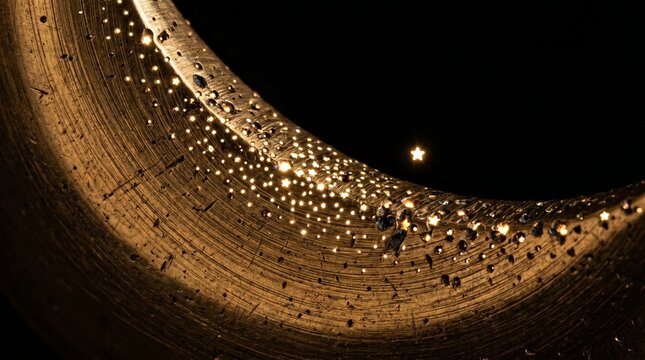Eid crescent moon decoration metal showing tiny stars being born along the curve