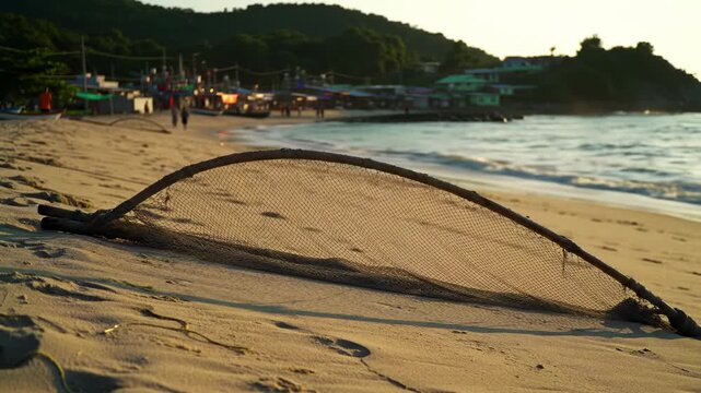 Beach scene with fishing net on sand, distant buildings and water
