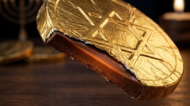 Unwrapped Hanukkah gelt chocolate edge showing foil-embossed Star of David waiting