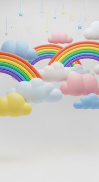 Colorful Cartoon Clouds and Ribbons with Stars and Raindrops on a Bright Sky Background