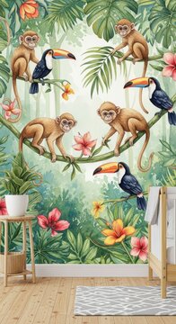 Colorful Jungle Scene Wall Mural with Monkeys and Toucans for Kids' Room Decor