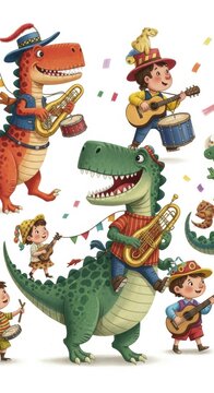 Children's Cartoon Dinosaur Band Playing Musical Instruments with Small Kids and Confetti